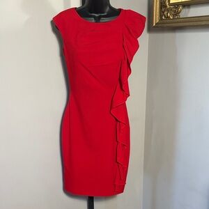 Calvin Klein Size 2 Red Ruffle Sleeveless Solid Sheath Dress
